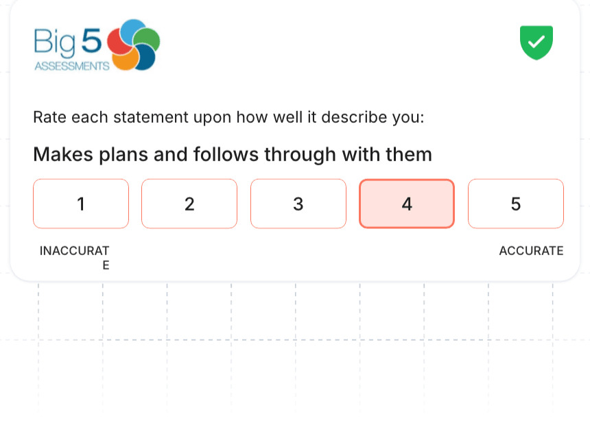 Big 5 Assessments card showing a Likert-scale question rated from inaccurate to accurate