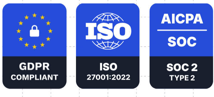 GDPR Compliant, ISO 27001:2022, and SOC 2 Type 2 certification badges