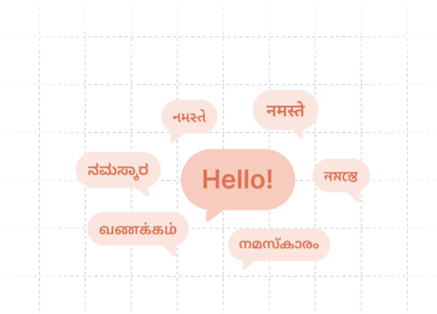 Chat bubbles greeting 'Hello!' in multiple regional Indian languages
