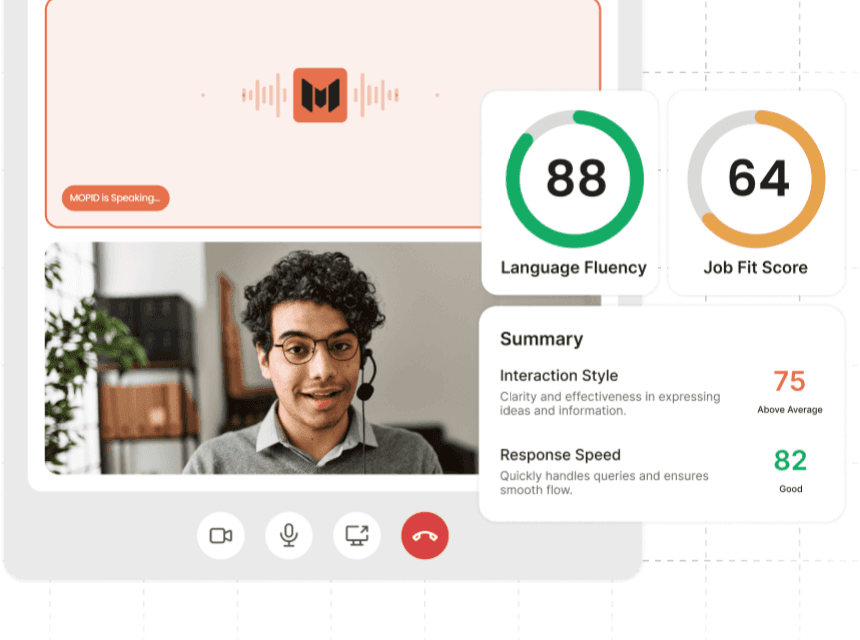 AI video interview in progress with live language fluency and job fit scores