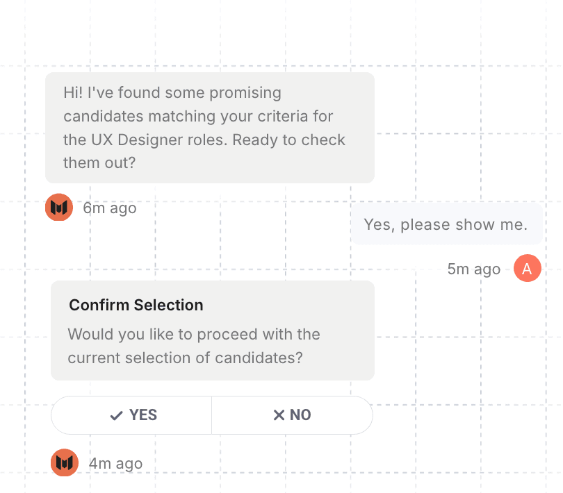 Mopid agent chat confirming a selection of recommended UX Designer candidates