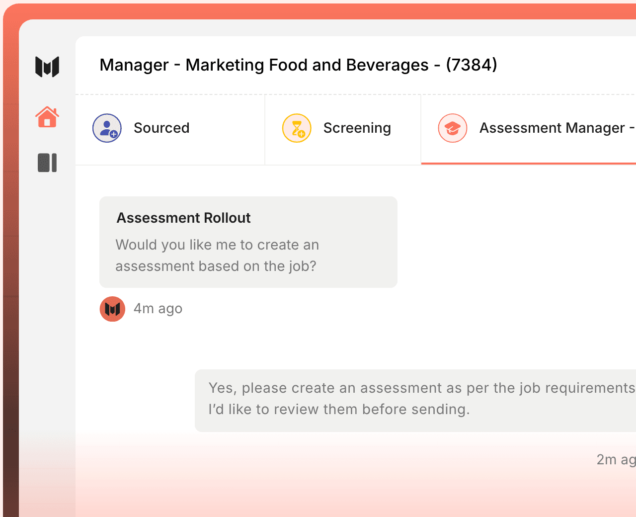 Mopid agent chat showing an assessment rollout for a Marketing Manager role