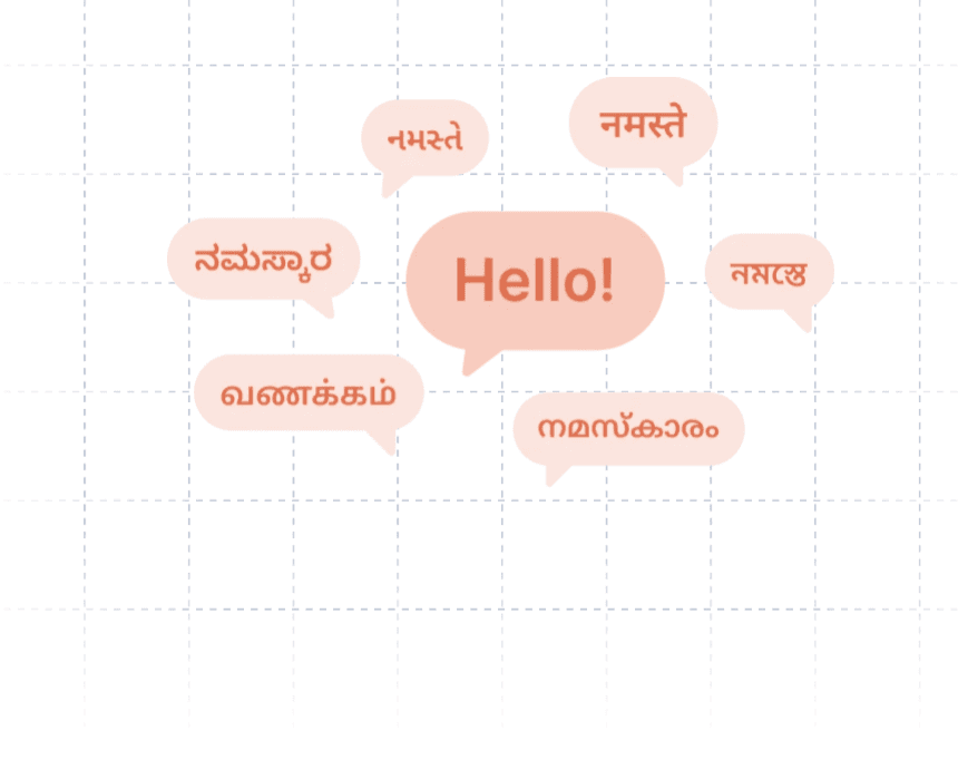 Chat bubbles greeting 'Hello!' in multiple regional Indian languages