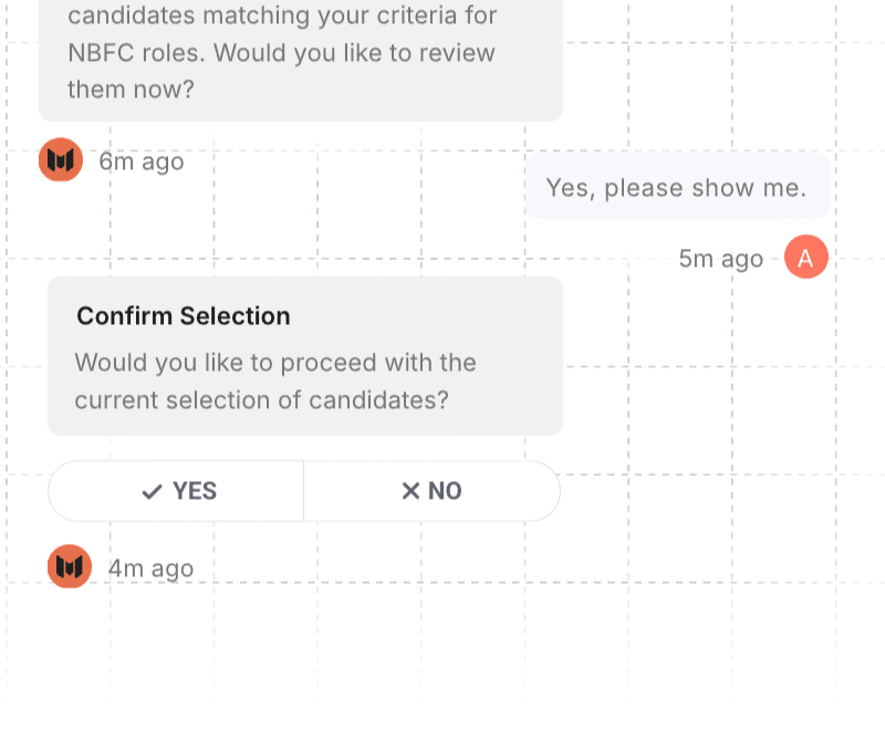 Mopid agent chat confirming a selection of recommended NBFC role candidates